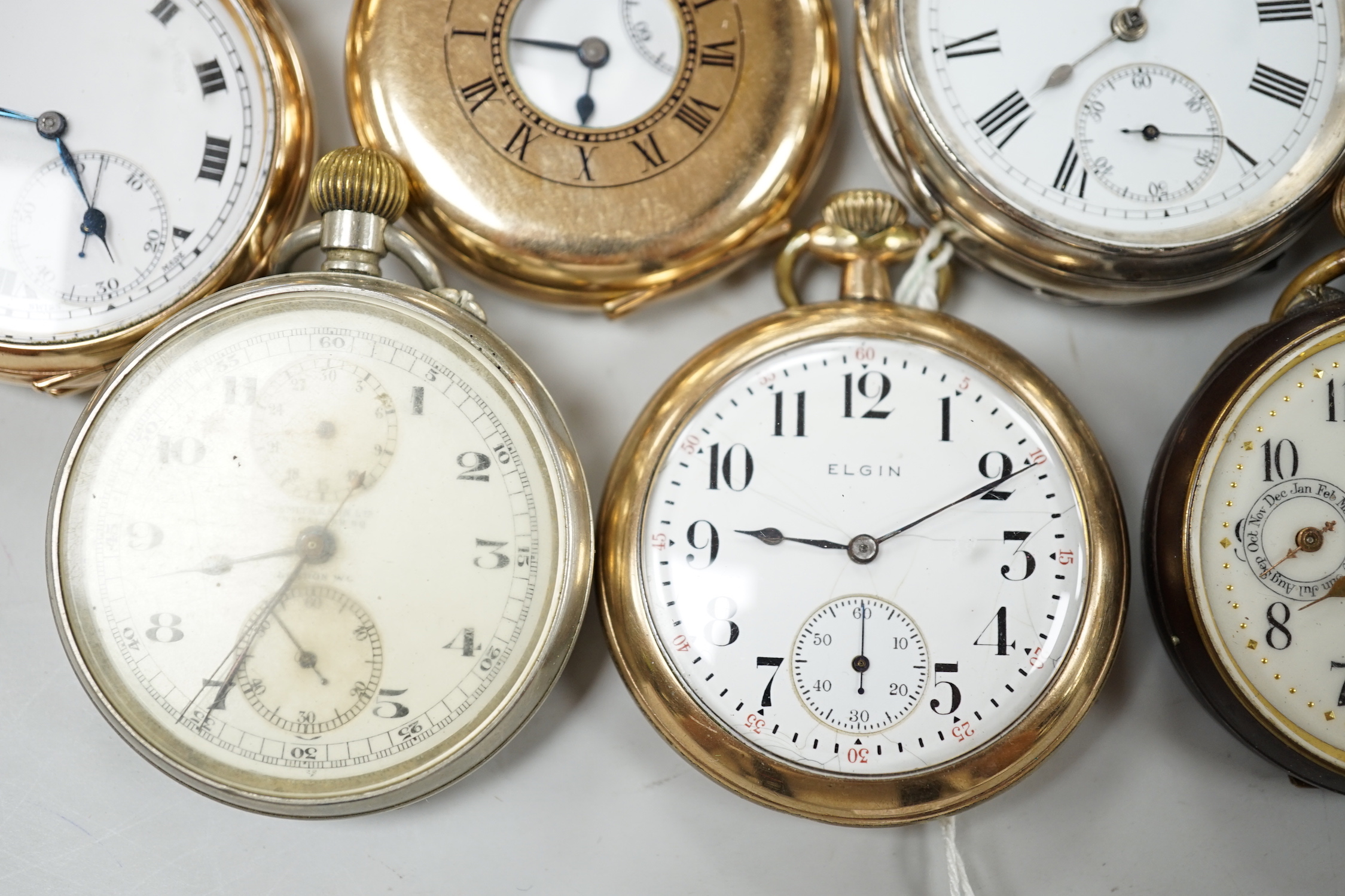 Thirteen assorted silver and mainly base metal pocket watches including half hunter and calendar moonphase.